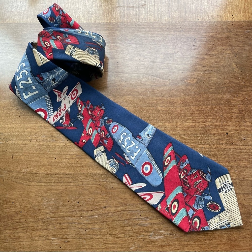 Vintage Polo Ralph Lauren WWI Fighter Bi-Plane Airplane Print Silk Tie 3.75 X 56